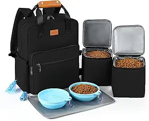 Dog Travel Bag All-in-One Set: DELOMO 25L Airline Approved Dog Travel Backpack with 2 Food Containers + 2 Collapsible Bowls + 1 Waterproof Mat for Weekend to Week-Long Pet Travel, Camping, Road Trips