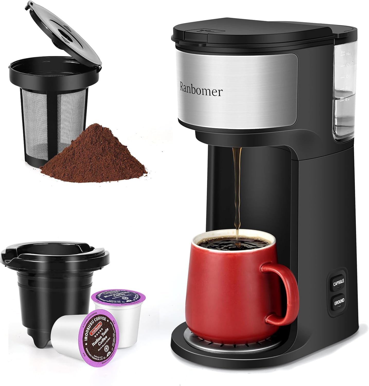 Ranbomer K Cup Coffee Maker. Pod Coffee Machine,Single Serve coffee machine or Ground Coffee Machine 2 in 1,Ground Coffee Maker,14 Oz.