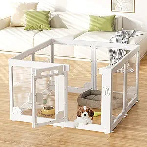 24â€ Acrylic Clear Dog Play Pen Indoors 8 Panels, Puppy Playpen with Door for Small Dogs Puppies, Transparent Plastic Pet Playpen Cage Fence Crate Kennel for Cat Kitten Rabbit Bunny Ferret etc