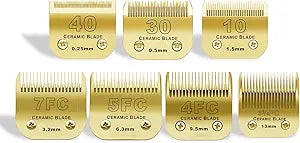 7 Pack Detachable Pet Dog Grooming Clipper Ceramic Blades Set,Compatible with Andis,Oster A5,Wahl KM10 Series Clippers,Gold (10+30+40+7FC+5FC+4FC+3FC)
