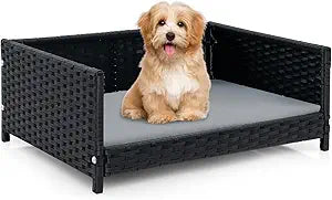Giantex Wicker Dog Bed, Raised Woven Rattan Pet Bed Sofa Couch w/Waterproof & Washable Cushion, Metal Frame, Indoor Outdoor Elevated Dog Sofa for Medium Small Dogs Cats, 24.5" L x 18" W x 10" H