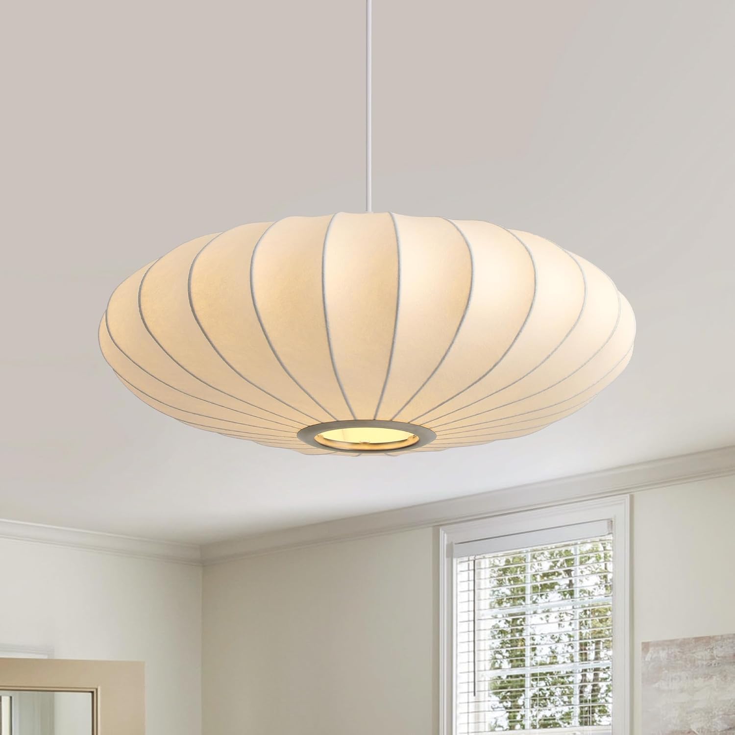 Fivemengo 20 Inch Lantern Pendant Light, White Imitation Silk Lampshade, Bubble Pendant Light Fixture Ceiling Hanging Lamp Chandelier for Living Dinning Room Kitchen Island Bedroom Restaurant Cafe