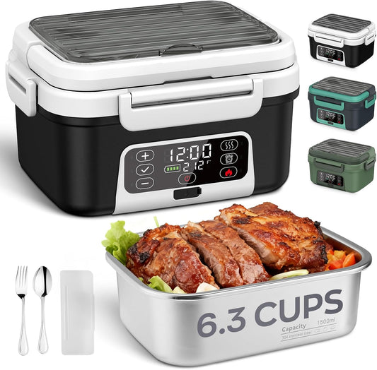 Odopok Cordless Electric Lunch Box, 6.3 Cup 100W Heated Lunch Box with 20000mAH Battery Powered for Self Heating, Including Fork Spoon and Insulated Bag for Men Women Adults, BPA Free(Black+White)