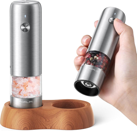 FORLIM Mini Electric Salt and Pepper Grinder Set with Wood Base, USB Rechargeable, Small Automatic Salt Pepper Mill Grinder, Travel\/Outdoor BBQ\/Children, One-Button Control (2 Packs, Stainless Steel)