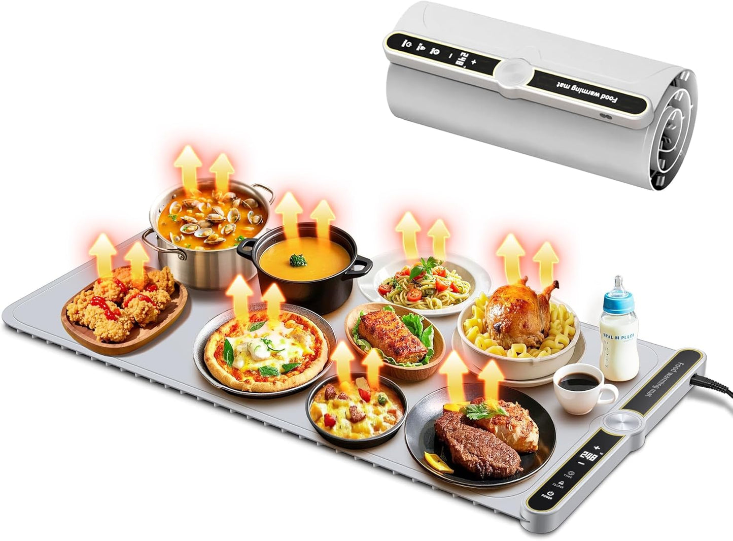 Warming Mat for Food - Extra Large 32"x15" Electric Warming Tray Warm 8 Dishes, 9-Temperature Adjustable, 1-6H Timer, Child Lock, 8s Fast Heating, Foldable Food-Grade Silicone Design