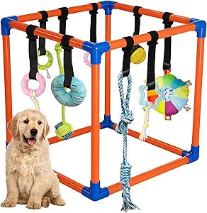 Puppy Play Gym with 9 Hanging Toys for Small Dogs, PVC Frame with Bungee Straps, Interactive Indoor Jungle Playground for Entertainment, Teething and Mental Stimulation