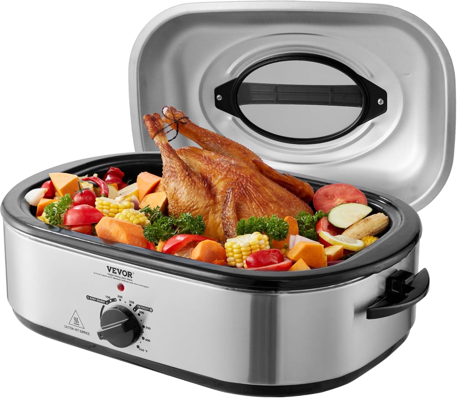 VEVOR Electric Roaster Oven, 22 QT Turkey Roaster with Self-Basting Lid, 1450W Roaster with Defrost & Warm Function, Adjustable Temp, Removable Pan & Rack, Fits Turkeys Up to 26LBS, Silver