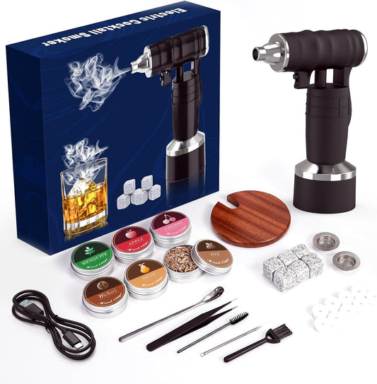 Electric Cocktail Smoker Kit - Rechargeable Whiskey Smoker Kit with Smoking Gun, Old-Fashioned Bourbon Smoker, Cold Smoker, Food Smoke Gun, Smoked Drink infuser, 6 Wood Chips,Butane Not required,Black