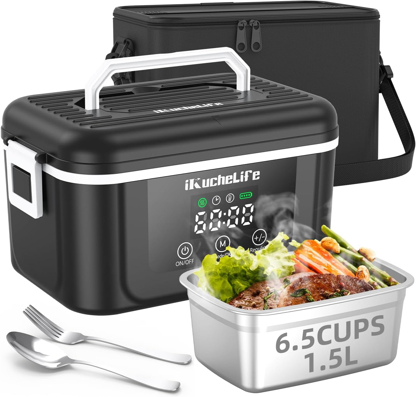 ikuchelife Heated Lunch Box, 6.5-Cup&18000mAh Cordless Electric Lunch Box with Scheduled Heating, 1.5L Rechargeable Portable Food Warmer with Digital Display for Work, Travel, Office, Camping（Black）