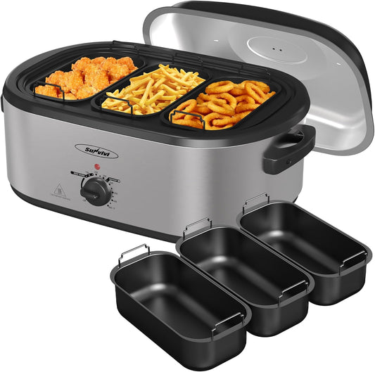 Sunvivi Electric Roaster Oven, 24 QT Turkey Roaster Oven with 3 Bin Buffet Server, 150-450F Full-Range Temperature Control, Removable Pan & Rack, Stainless Steel, Silver