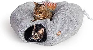 K&H Pet Products Heated Cat Tunnel Bed for Indoor Cats - Donut Tunnel Toy Tube Hideaway Cave with Round Circle Bed Warming Center for Large Kitties to Play & Sleep, Safety Listed - 28in Round Gray