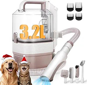 Dog Grooming Vacuum, 12000Pa Powerful All-in-One Pet Grooming Vacuum for Dogs Cats, Low Noise Pet Hair Clipper with 3.2L Dust Cup for Shedding Pet Hair, Low Noise, 3 Levels, White