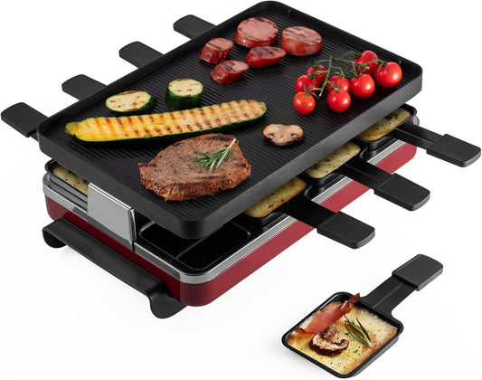 Swissmar Classic 8-Person Raclette Party Grill with Reversible Cast Aluminum Non-Stick Grill Plate\/Crepe Top, Indoor Electric Raclette Grill & Griller - Black Grill Plate - Red