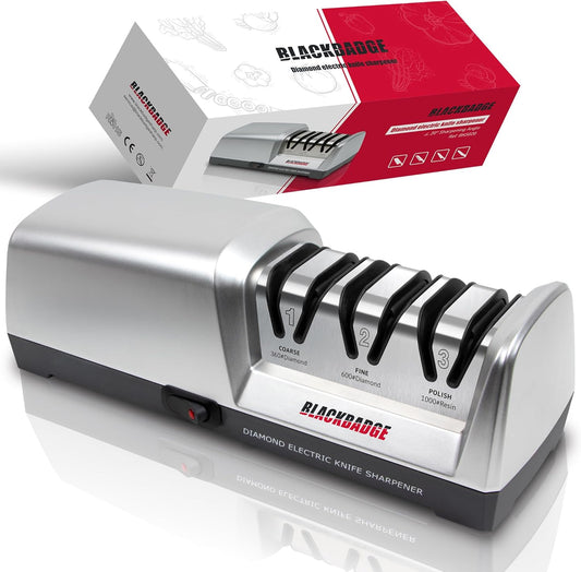 BLACKBADGE Professional Electric Knife Sharpener for Kitchen Knives, 3-Stages Sharpener System with Diamond Abrasives, Quickly Sharpening, Repair/Restore/Polish Blades