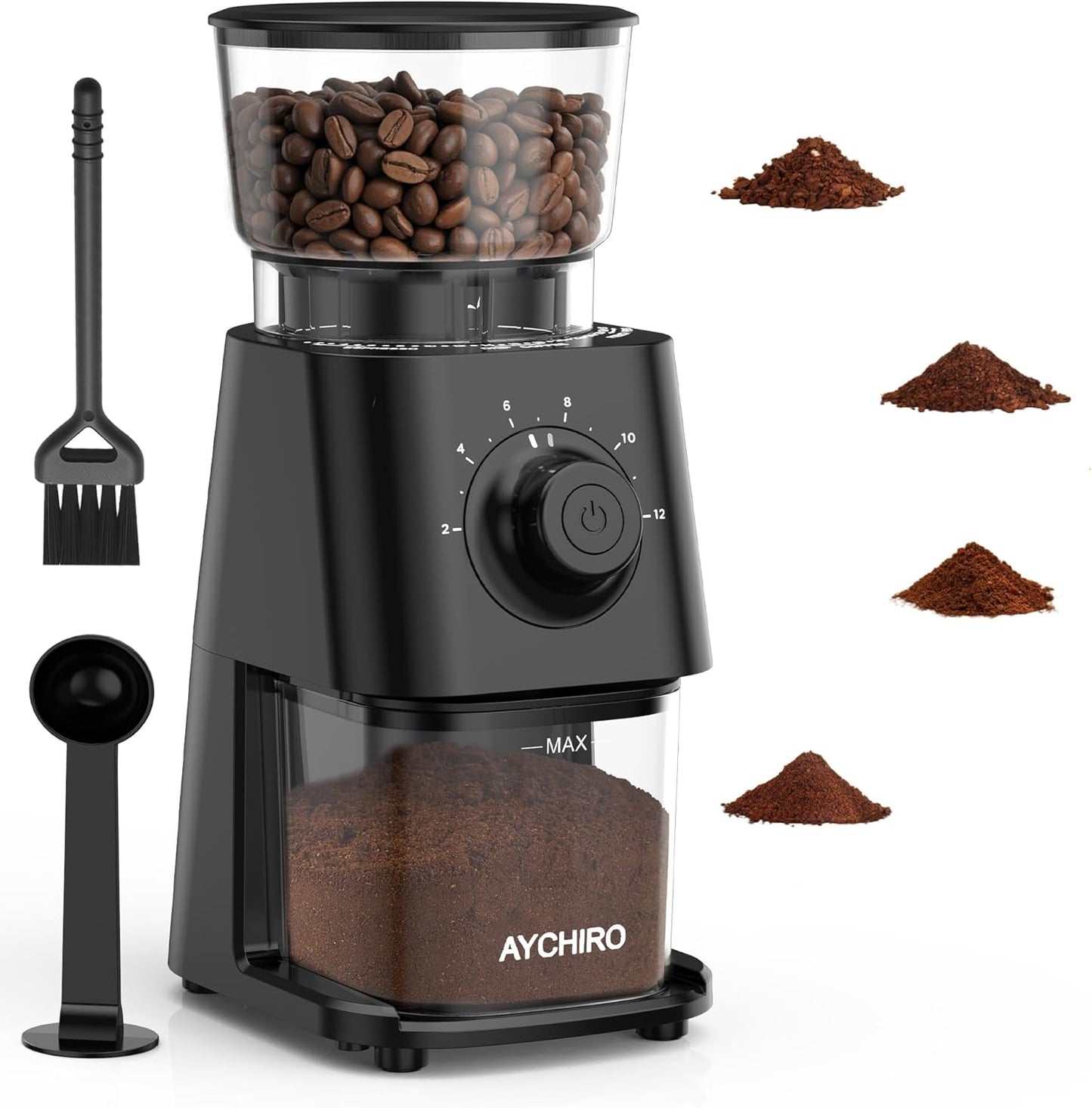 AYCHIRO Coffee Grinder Electric, Coffee Beans Grinder for Home Use with 30 Grind Settings - 12 Cups Capacity for Espresso, Drip & Americano, Black