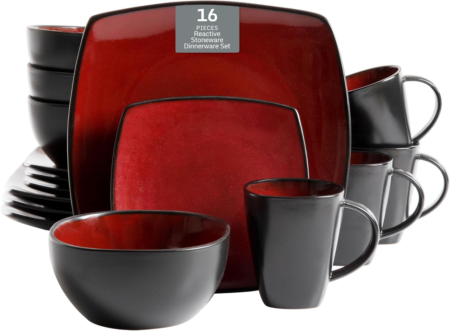 Gibson Soho Lounge Square Reactive Glaze Dinnerware Set, Red, Service for 4 (16pcs)