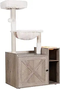 Hey-brother Cat Tree with XL Litter Box Enclosure, All-in-one Cat Tower for Indoor Cats with Large Hammock, Bed, Food Station, Scratching Posts, Modern Style Pet Furniture, Rustic Gray MPJ101SG