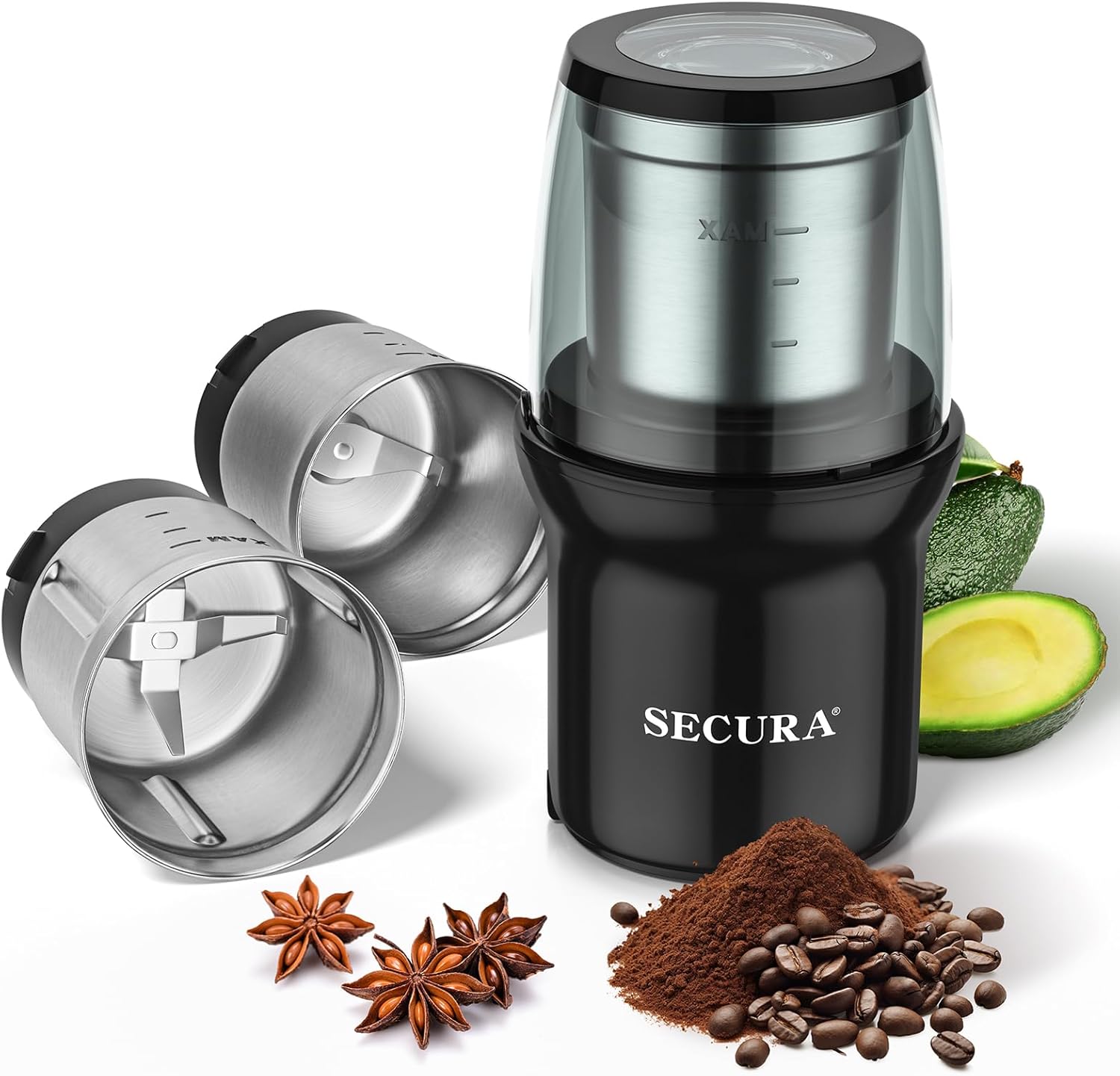 Secura Electric Coffee Grinder, Press Control Spice Grinder for Coffee Bean Seeds Herbs with 2 Stainless Steel Blades Removable Bowls, Black