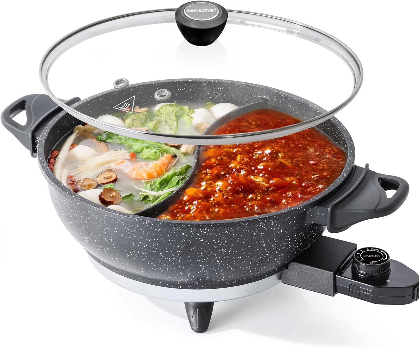 SENSCHEF TWIN™ Electric Hot Pot with Divider | EvenHeat Cast Aluminum Non-Stick Pot for No-Spot Cooking | 1500W Fast Heating | Dual-Flavor Shabu Shabu Pot for | 1-Yr Warranty | Granite Black