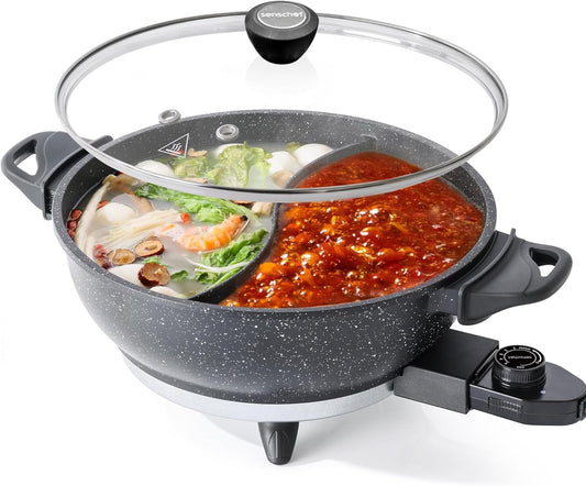 SENSCHEF TWIN™ Electric Hot Pot with Divider | EvenHeat Cast Aluminum Non-Stick Pot for No-Spot Cooking | 1500W Fast Heating | Dual-Flavor Shabu Shabu Pot for | 1-Yr Warranty | Granite Black