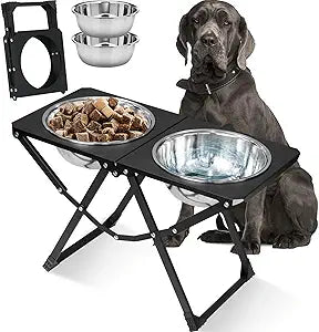 Foldable Elevated Dog Bowl Holder with 2 Large 111oz Stainless Steel Bowls, 14.5" Tall Raised Dog Bowl Stand for Large/Extra Large Breeds, Indoor and Outdoor Use