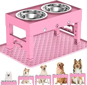Elevated Dog Bowls with Mat, Raised Dog Food Bowl Stand with 2 Stainless Steel Bowls, 5 Height Adjustable (3.1", 9", 10", 11", 12") Non-Slip Feeder Set for Medium and Large Dogs â€“ Pink
