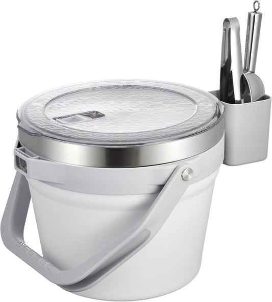 COKTIK 7L Vacuum Insulated Ice Bucket with Lid and Scoop& Tongs，Large capacity Stainless Steel Beverage Bucket for Cocktail, Champagne, Wine, Beer，Large Parties（Milk White Suit）
