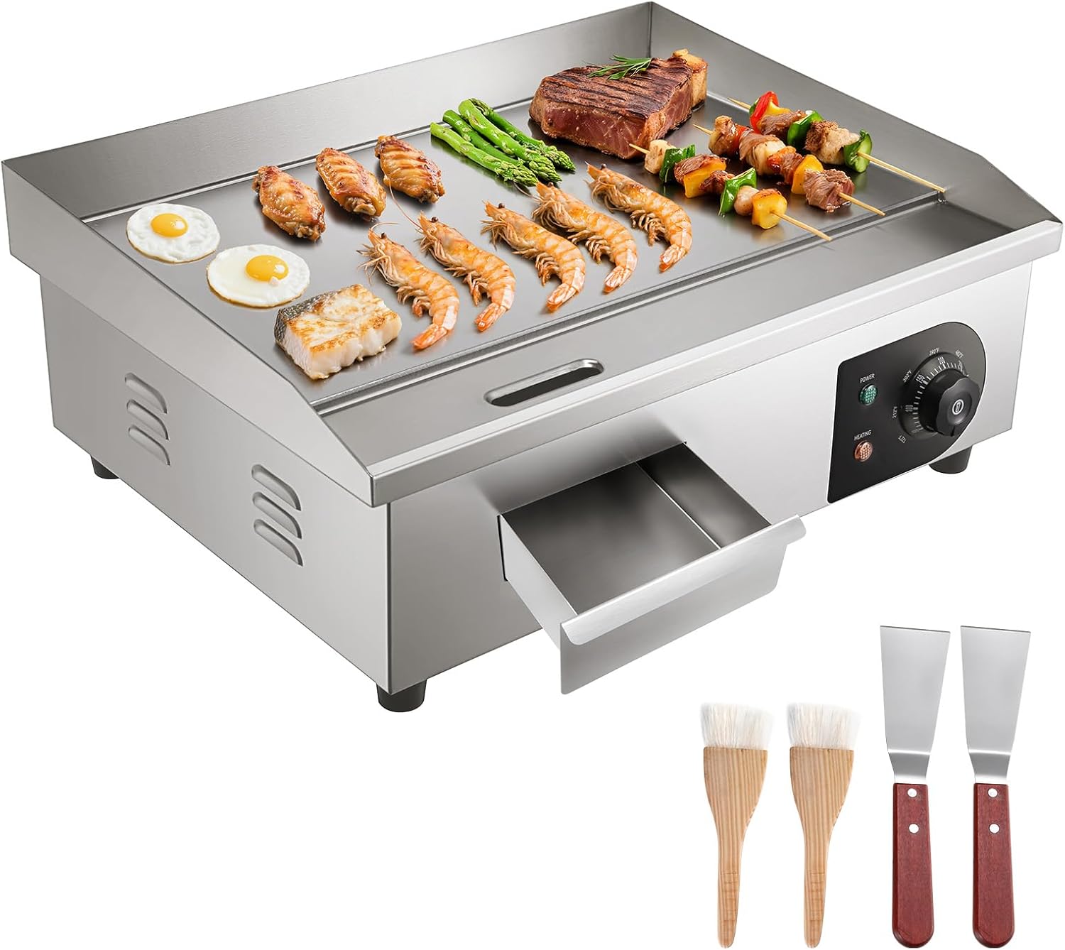 VEVOR Commercial Electric Griddle, 21 x 11.8 inch, 1750W, 122-570°F Adjustable Temp Control, Stainless Steel Countertop Flat Top Grill with 2 Spatulas, 2 Brushes and 4 Foot Pads, for Steak, Pancake