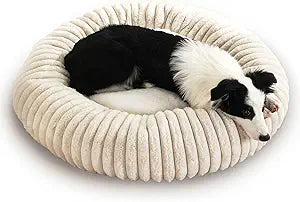 31.5â€œ Calming Donut Pet Bed, Premium Striped Faux Rabbit Fur Anti-Anxiety for Dog & Cat, Shredded Sponge & PP Cotton Double Filling (Orthopedic Support), Fully Washable, Durable, Waterproof & Non-Slip