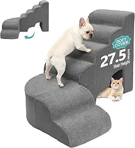 Steps for Dogs to Get on Bed, 27.5 inches Foam Pet Steps for High Beds, L Shape Pet Ramps for Bedside, 6 Tiers Stairs for Dogs to Get on Beds for Small Medium Large Dog