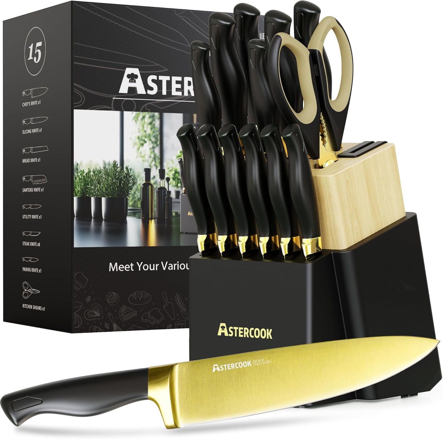 Astercook 15 Pieces Knife Set, Healthy Gold Titanium Coating Kitchen Knife Sets, Full Tang Knives Set with Block and Built-in Sharpener, German Stainless Steel Knife Block Set Dishwasher Safe Black