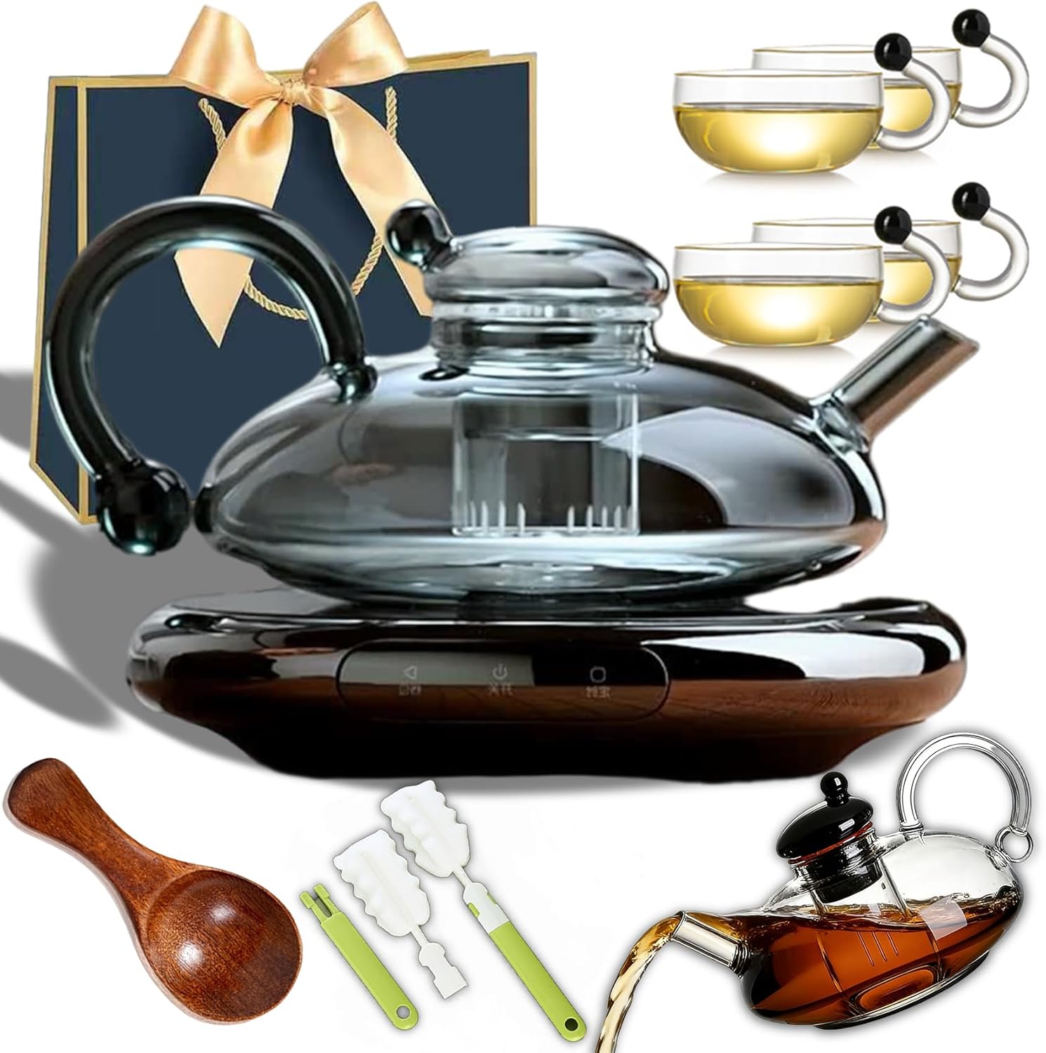 20 Oz Electric Glass Teapot with Warmer, Glass Teapot with Infuser and ElectricWarmer, Electricity Kettle and Tea Pot Set, Automatic Heating Base, Tea Brewing Kit (A with 4 Cups)