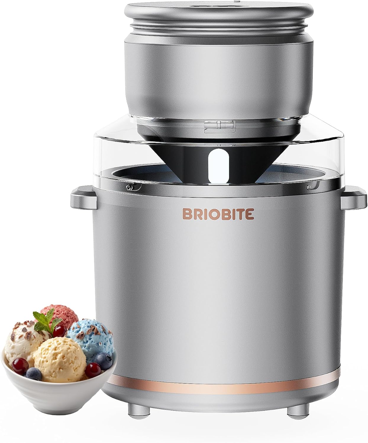 BRIOBITE 1.1 Quart Ice Cream Maker \u2013 Electric Ice Cream Machine for Gelato, Milkshakes & Sorbet,Perfect for 2-3 Servings, Easy to Use & Clean,Silver