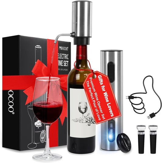 Electric Wine Opener Gift Set, Automatic Electric Wine Bottle Corkscrew Opener Rechargeable with Foil Cutter, Automatic Aerator, 2 Vacuum Stoppers for Home Bar Outdoor Parties, Stainless Steel