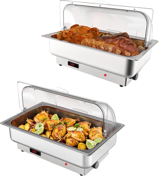 2 PACK Electric Chafing Dishes 9 QT Adjustable Temp Roll Top Food Warmer with Full Size Pan, Stainless Steel Buffet Servers and Warmers, Temp Display Food Warmer Transparent Lid Chafers for Parties