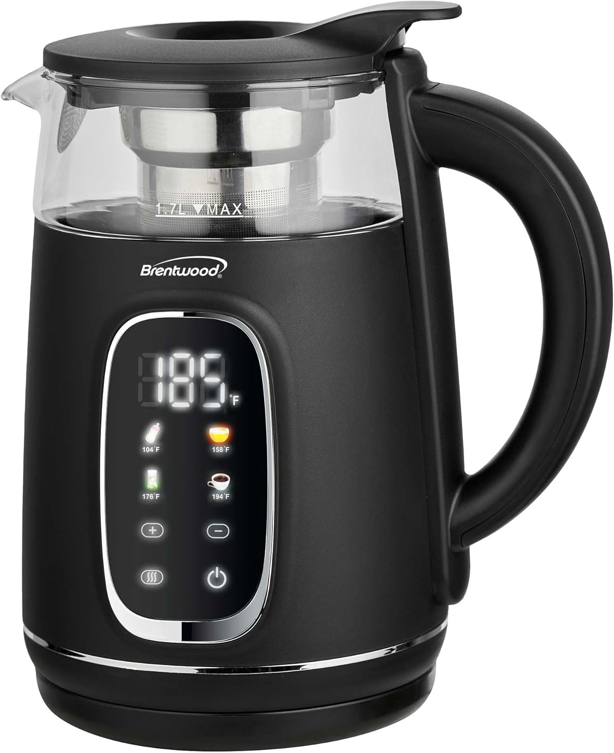 Brentwood 1100W 1.7L BPA Free Cordless Digital Glass Electric Kettle with Tea Infuser, 360° Base, Auto Shut-Off, Keep Warm, Boil Dry Protection, and Temperature Control with 4 Presets (Black, 1.7L)