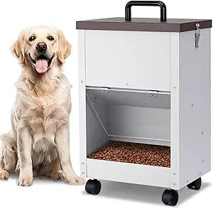 Outdoor Automatic Dog Feeder Large Breed 28 Lbs Capacity, Galvanized Metal Self Feeding Dog Food Dispenser with Clear Door, Gravity Pet Feeder Wall Mountable, Easy to Move with Wheels