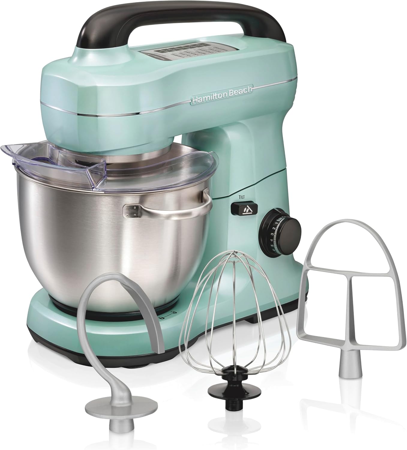 Hamilton Beach Electric Stand Mixer, 4 Quarts, Dough Hook, Flat Beater Attachments, Splash Guard, 7 Speeds with Whisk, Easy-Carry Top Handle, Aqua