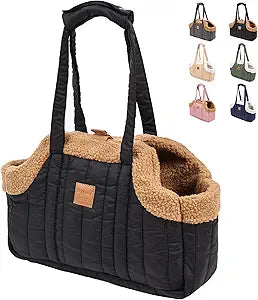 ETIAL Small Dog Carrier Purse, Winter Fleece Warm Dog Tote Bag Carrier with Secure Harness Clip for Puppy Kitten, Waterproof Pet Travel Handbag for Shopping, Hiking and Walking (Black)