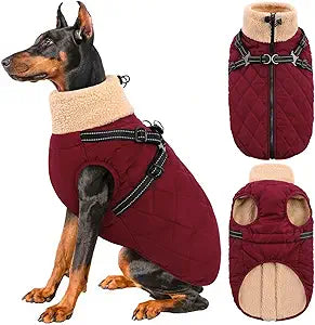 Queenmore Dog Coats for Large Dogs, Dog Jacket, Warm Fleece Winter DogCoat with Harness Built in, Back Zipper Pet Jacket for Large Breeds, Thick Fleece Lining Pet Snowsuit, Burgundy 2XL