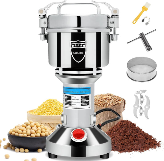 2000W Electric herb Grinder, 550g Stainless Steel Mill Grinder, Stainless Steel Pulverizer Dry Grinding Machine for Wheat, Corn, Coffee, Pepper, Spices, Powerful Powder Machine with Safety Protection