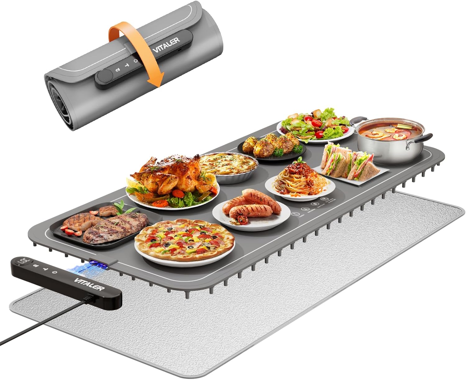 Vitaler Warming Mat for Food, (XXL 35\u201Dx16\u201D) Electric Warming Trays, Upgrade Graphene Fast Full-Surface Heating Mat for Food with 6 Level Temp, 6 Hours Timer, Food Warmer Pad with Heat-Insulating Mat