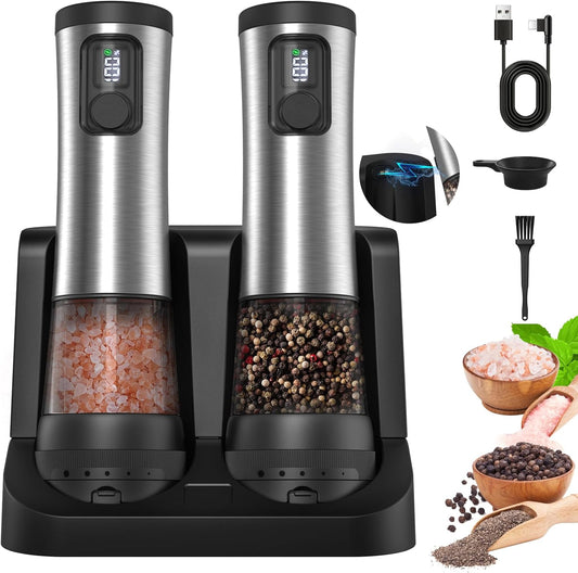 Electric Salt and Pepper Grinder Set, Upgraded 2-Speed Setting, External 5 Adjustable Coarseness, Battery Display Rechargeable Base, Stainless Steel Automatic Salt & Pepper Shakers Mill with LED Light