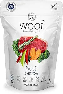 The New Zealand Natural Pet Food Co WOOF Freeze Dried Dog Food - Beef Recipe, High Protein, Use as a Complete Diet, Dog Food Topper, Mixer, or as Dog Treats, All Life Stages, 9.9 oz