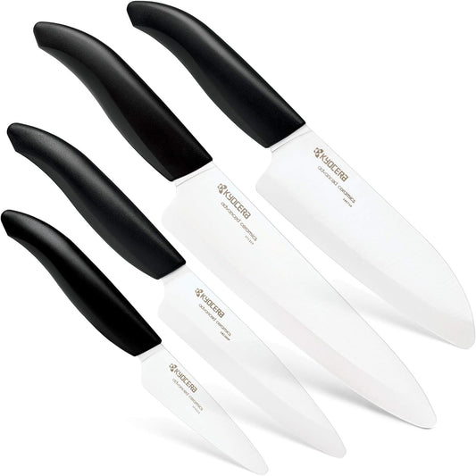 Kyocera\u2019s Revolution 4-Piece Ceramic Knife Set: Ceramic Chef Knife For Your Cooking Needs, 7" Chef's Santoku, 5.5" Santoku, 4.5" Utility & 3" Paring Knives, Black\/White
