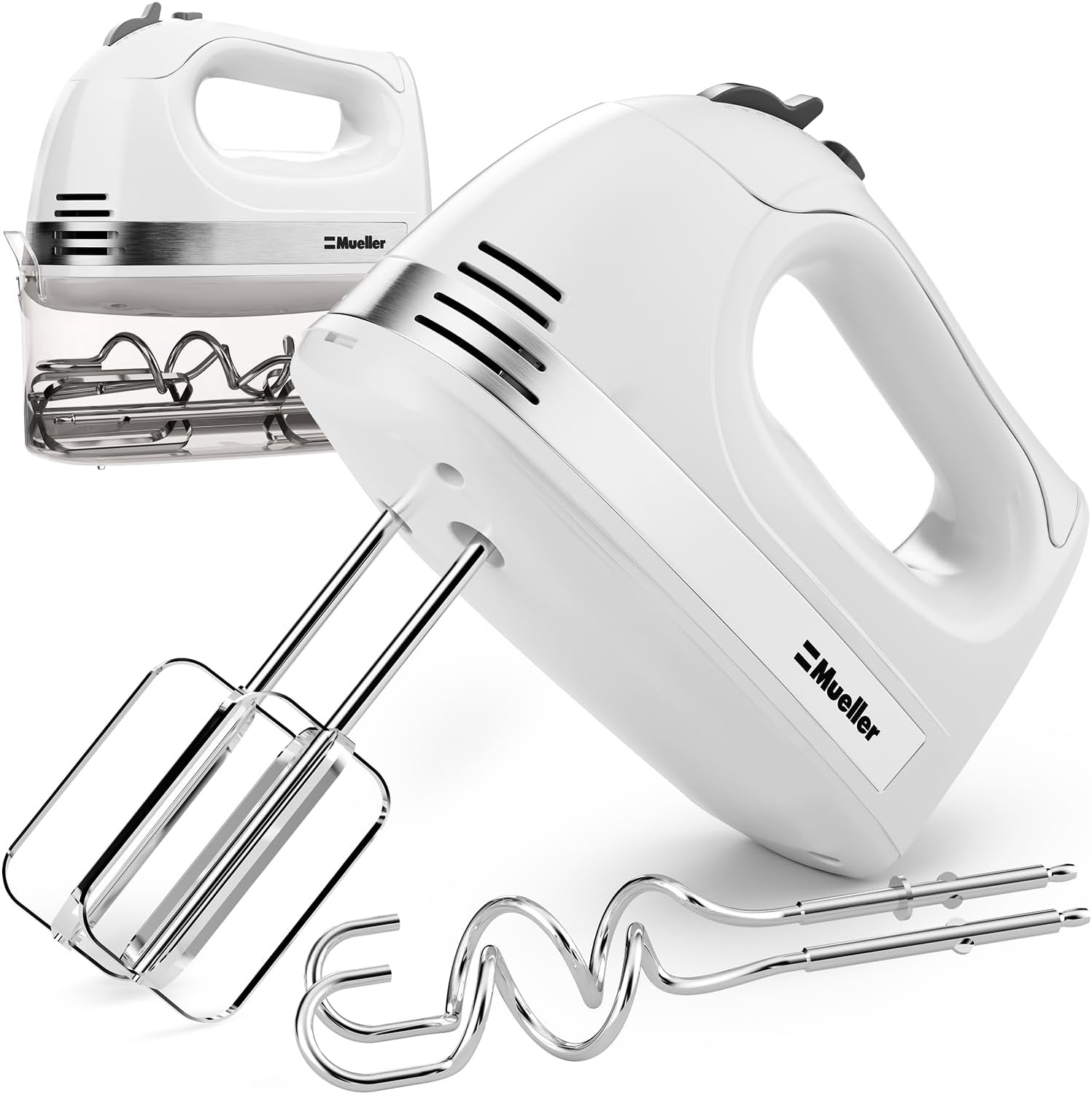 Mueller Electric Hand Mixer, 5 Speed with Snap-On Case, 250 W, Turbo Speed, 4 Stainless Steel Accessories, Beaters, Dough Hooks, Baking Supplies for Whipping, Mixing, Cookies, Bread, Cakes, White