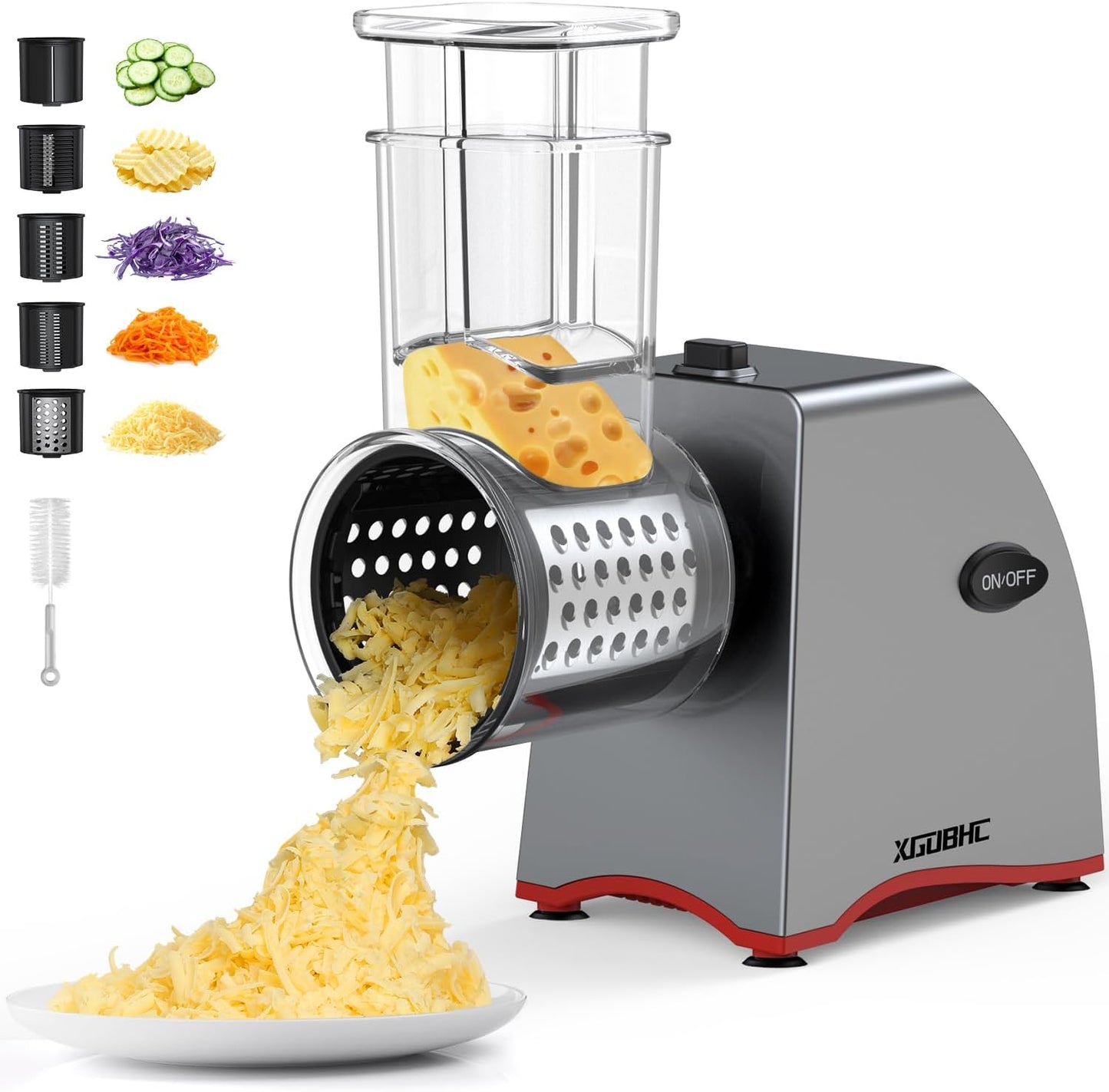 Electric Cheese Grater, Upgraded Salad Maker with 5 Replaceable Stainless Blades, 250W Electric Cheese Shredder, One-Touch Control Vegetable Cutter Kitchen Slicer for Cheeses, Fruits, Nuts