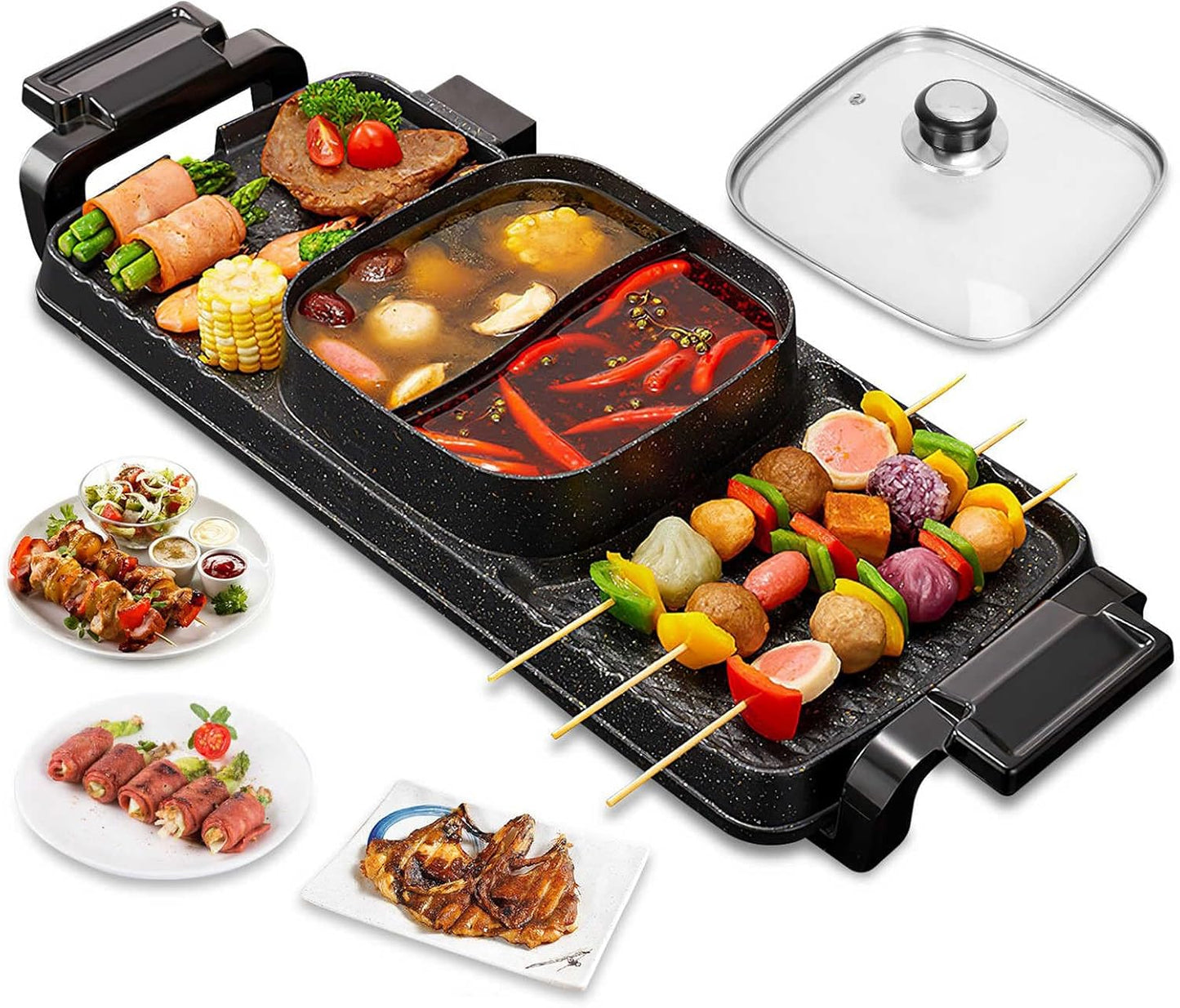 2 in 1 Electric Hot Pot with Grill, 2800W Indoor Smokeless Korean BBQ Grill Shabu Shabu Pot, Removable Non-stick Hotpot Pot Combo KBBQ with Divider & Separate Dual Temperature Control for 2-12 People