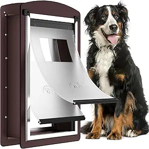 Dog Door for Wall, Extra Large Dog Door with 2 Magnetic Flaps, 2 Lock Panels, Steel Frame and Telescoping Tunnel, Doggie Door for Interior and Exterior Wall, X-Large, Coffee Color