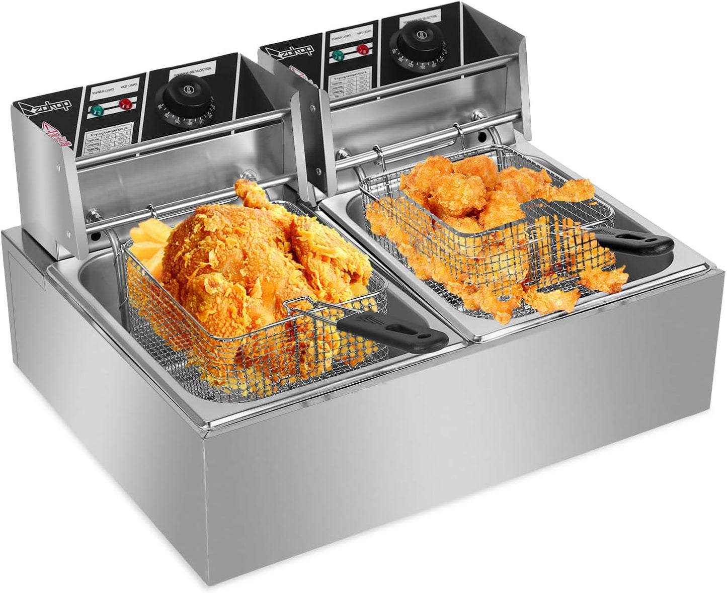 22.8QT\/21.6L Commercial Deep Fryer with Basket and Lid, 5000W Electric Fryer, Countertop Oil Fryer for French Fries, Onion Rings, Donuts, Temperature Adjustable 140-392℉, Stainless Steel Double Tank